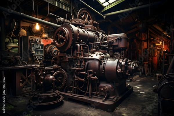 Obraz Transforming Old Machinery and Rusty Artifacts from Factories into a Magical World of Intriguing Shapes and Textures Through Creative Angles and Enchanting Lighting