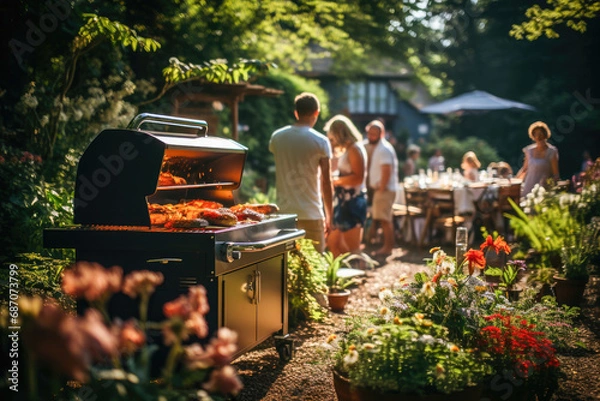 Obraz A lively summer barbecue scene with a grill full of food in a garden setting as friends and family gather.