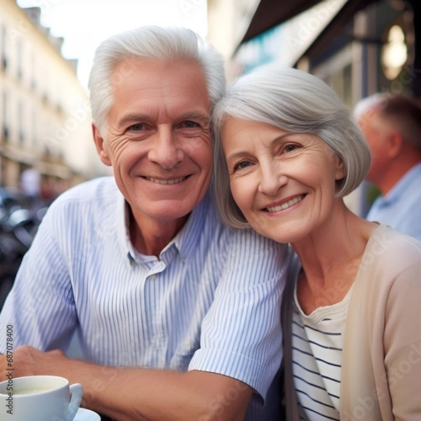 Fototapeta Generative AI a portrait of old couple in cafe