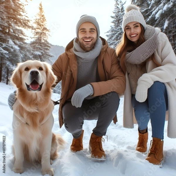 Fototapeta Generative AI a happy couple selfie with golden retriever at winter forest 