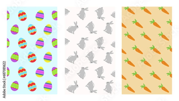 Fototapeta Happy Easter Set of background, greeting cards, posters, holiday covers. Trendy design carrot , eggs and bunny, in pastel colors. Modern art minimalist style.