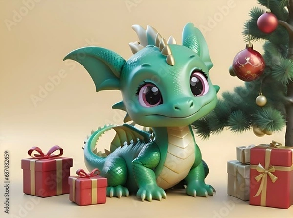 Fototapeta Generative AI 3D image of a green dragon cartoon character next to the Christmas decorations