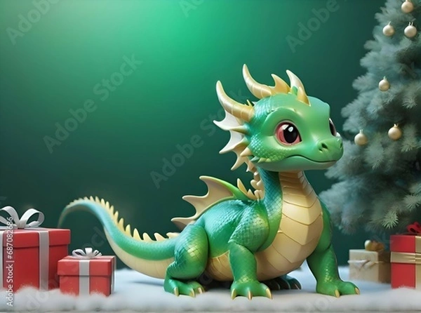 Fototapeta Generative AI 3D image of a green dragon cartoon character next to the Christmas decorations