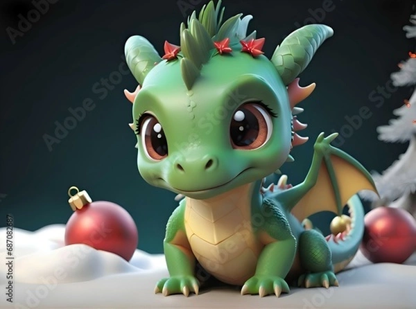 Fototapeta Generative AI 3D image of a green dragon cartoon character next to the Christmas decorations