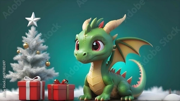 Fototapeta Generative AI 3D image of a green dragon cartoon character next to the Christmas decorations