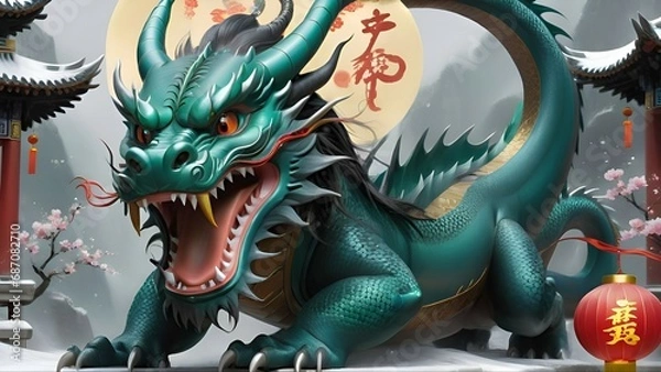 Fototapeta Generative AI realistic image of a green dragon against the background of mountains, pagoda and cherry branches