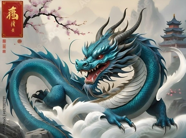Fototapeta Generative AI realistic image of a green dragon against the background of mountains, pagoda and cherry branches