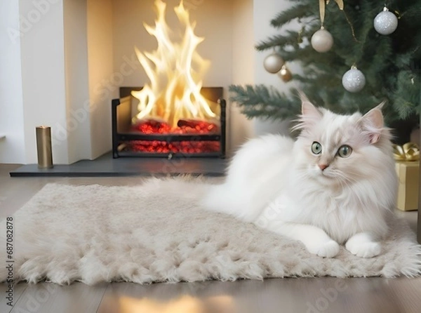 Fototapeta Generative AI white cat lying by the fireplace next to the Christmas tree