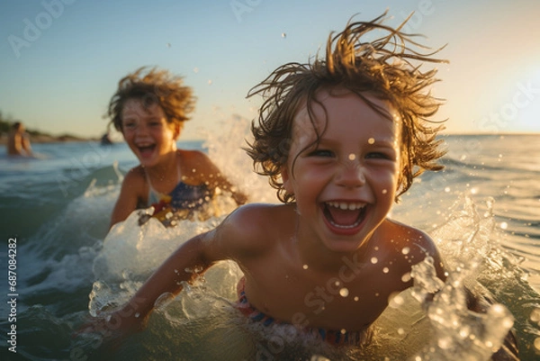 Obraz Seaside Giggles - Siblings Chasing Waves at Dusk