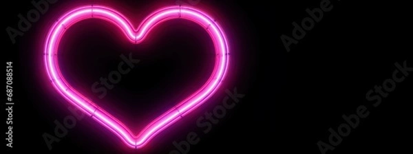 Fototapeta Neon tubes heart shape pink sign over black. Valentines Day card, with  area for text on the left.