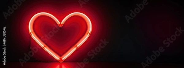 Fototapeta Valentines Day card  heart shaped red neon light over black.. Area for text on the right.