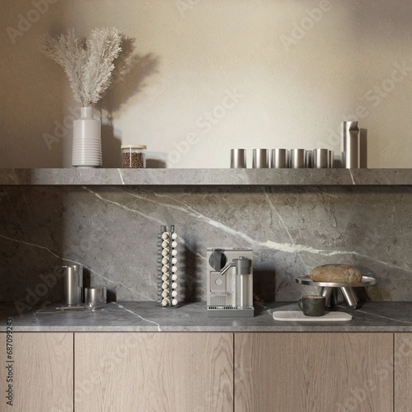 Fototapeta Close up view of modern japandi style kitchen , coffee corner with coffee machine and decor , 3d rendering