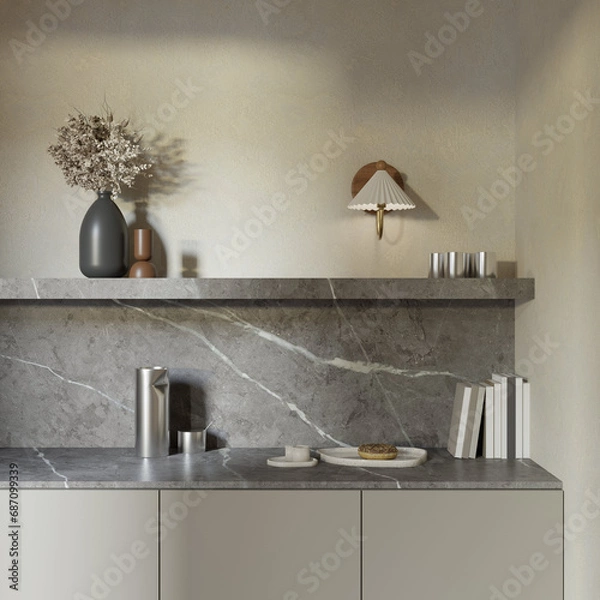 Fototapeta Close up view of modern japandi style kitchen design with decor , 3d rendering