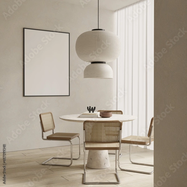 Fototapeta Modern japandi dining room design with table , chairs , pendant light and empty poster frame , mock up , 3d rendering 