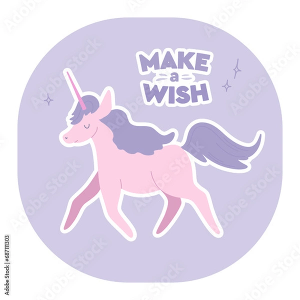 Fototapeta Running unicorn text make wish. Greeting card