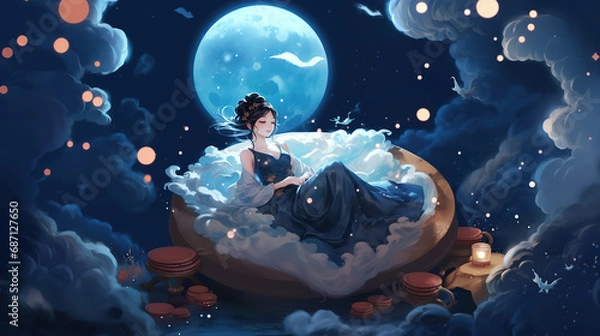 Fototapeta moon goddess sitting on cloud throne, pretty woman look elegant in heavenly atmosphere, Ai Generative 