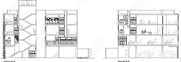 Fototapeta Vector sketch illustration of the architectural design of a multi-storey house in a dense urban model