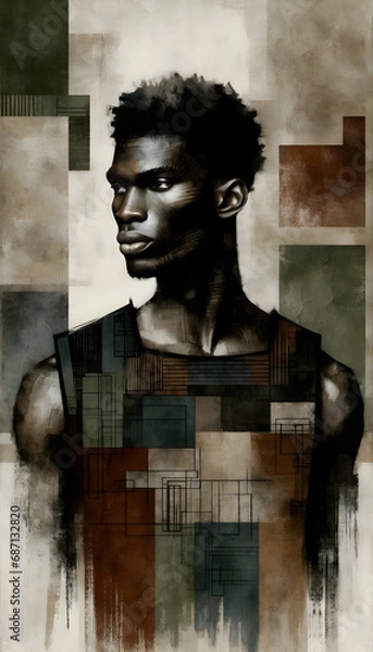 Fototapeta Contemporary front view portrait of an African man with dark skin, against a textured backdrop with geometric and organic patterns.