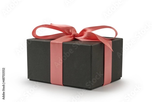 Obraz Black present box with rose ribbon isolated on white