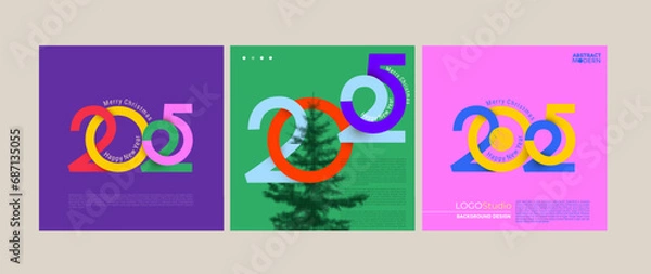 Fototapeta Set of Happy New Year 2025 with typography colored number logo. 2025 New Year celebration. Creative concept of posters. Minimalistic vector trendy backgrounds for branding, cover card, banner, poster.
