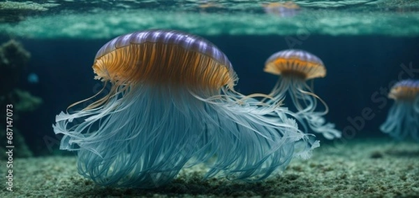 Fototapeta jelly fish in the aquarium.A mesmerizing blue jellyfish, glowing in the depths of a crystal-clear aquarium 