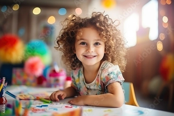 Fototapeta Cute curly child todler girl draws with colored pencils at the table in the children's room, in kindergarten, in developmental classes, art school. Happy kid doing creativity