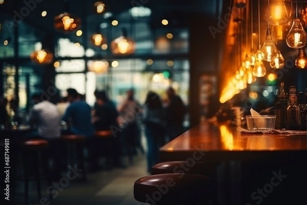 Fototapeta Blurred background of a cafe, restaurant, coffee shop, bar. Tables and chairs, bar counter, modern lamps, people in the room, evening lighting. Background for your design, advertising
