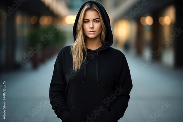 Fototapeta Young female wearing black blank hoodie with space for your logo or design, Mockup for print. Generative AI