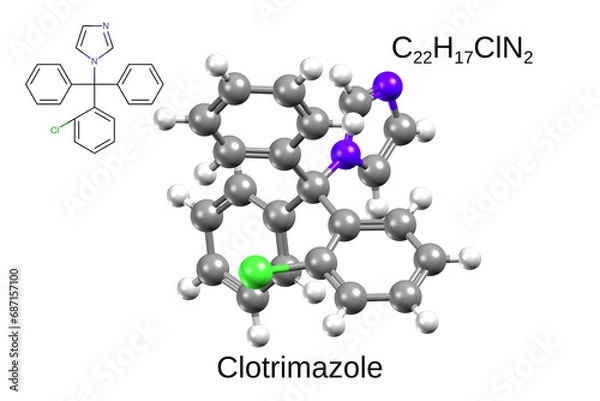 Fototapeta Chemical formula, structural formula and 3D ball-and-stick model of an antifungal agent clotrimazole