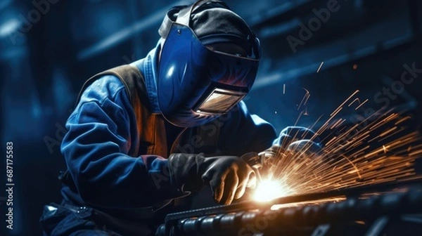 Fototapeta High-energy composition of an industrial worker in a dark blue jumpsuit and protective mask. Sparks fly as they wield a welding torch with sharp focus. Darkened visor reveals their visible eyes