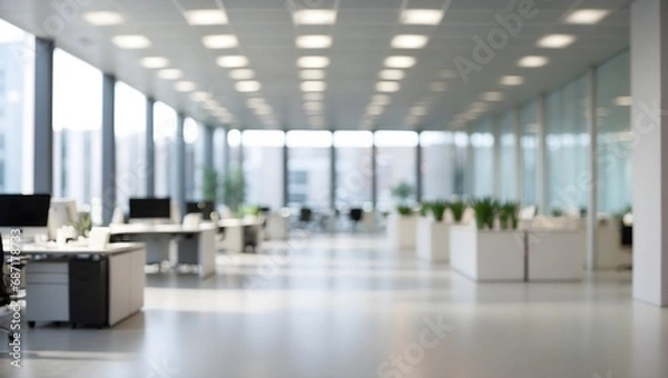 Fototapeta Blurred empty open space office. Abstract light bokeh at office interior background for design.