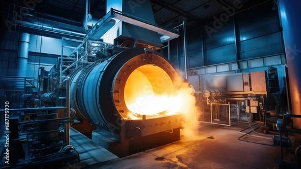 Fototapeta Industrial furnace with vibrant flames in a modern, imposing setting. Stainless steel create a hazardous environment