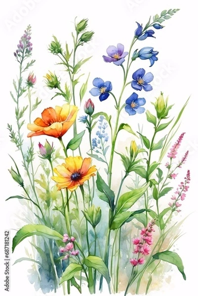 Fototapeta watercolor painting of a field of wildflowers on a rough, textured canvas.