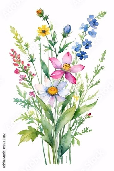 Fototapeta watercolor painting of a field of wildflowers on a rough, textured canvas.
