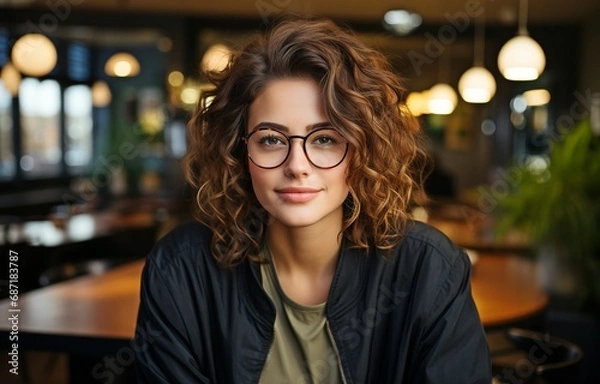 Fototapeta A coffeehouse with a portrait of a woman wearing spectacles who is facing the camera.