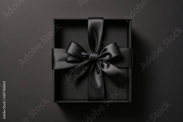 Fototapeta Blank open black present box or top view of black gift box with black ribbons and bow isolated on dark background with shadow minimal - black friday theme.
