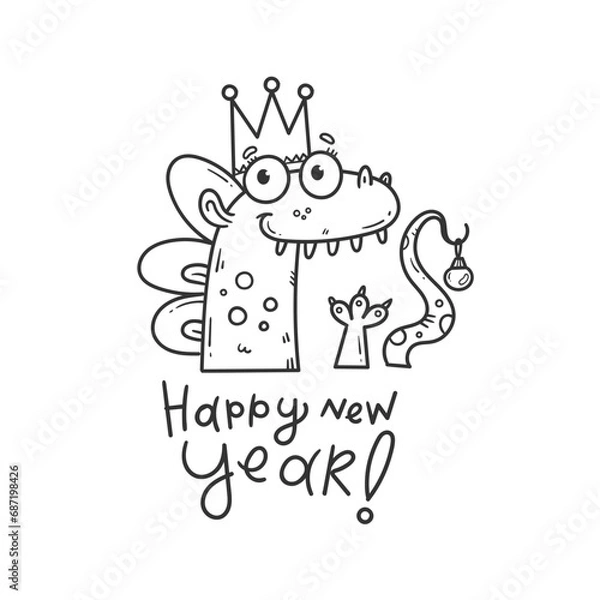 Fototapeta New Year card with cute cartoon dragon. Chinese calendar symbol. Vector holiday poster. Funny animal. Contour  doodle image no fill.