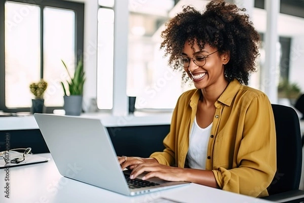 Fototapeta Business woman typing on laptop, Happy business woman professional typing notes finance report overview, lawyer attorney checking document, working on laptop computer device sitting at desk in office
