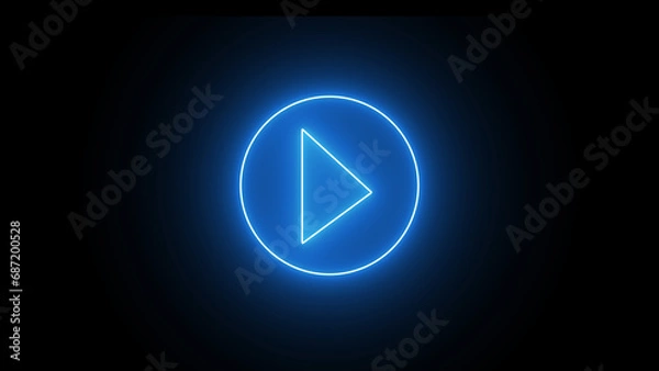 Fototapeta Glowing blue neon shine play button with neon circle. Wide gaming background with glowing play button. Press to play. Start button. Play button icon