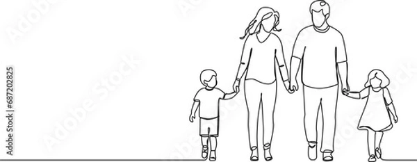 Obraz continuous single line drawing of mother and father with two children walking hand in hand, family line art vector illustration