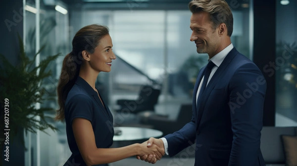 Fototapeta A woman and a man in suits shake hands in the office