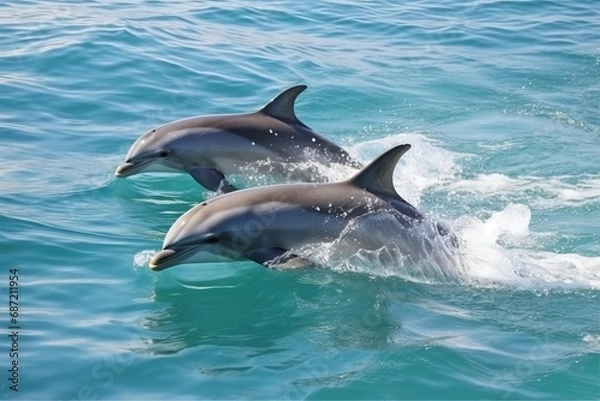 Fototapeta Dolphins leaping from the sea or ocean, displaying their playful and energetic nature. Joyful and acrobatic behavior of these intelligent marine mammals in their natural habitat.