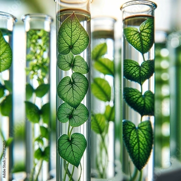 Fototapeta Botanical Experiment with Green Leaves in Test Tubes, plant in a glass