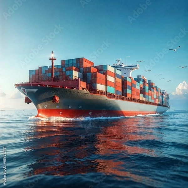 Fototapeta Modern Cargo Ship Fully Laden with Colorful Containers at Sea

