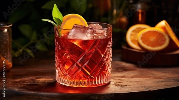 Fototapeta close up horizontal view of a negroni cocktail AI generated