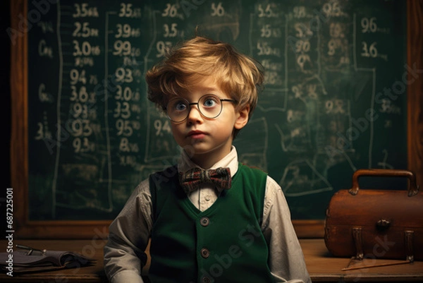 Fototapeta Scared frightened boy schoolboy on the background of school blackboard