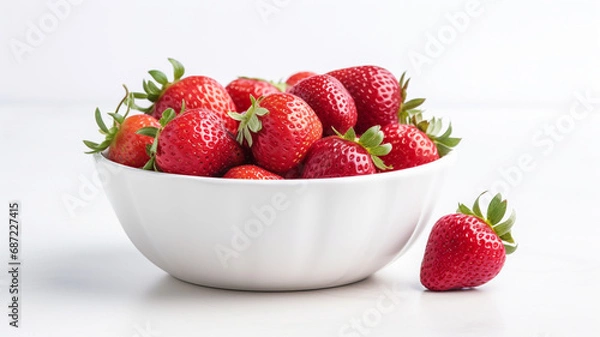 Fototapeta Bowl of fresh strawberries arranged on a white surface