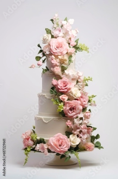 Fototapeta White wedding cake decorated with flowers.