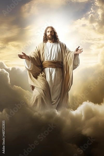 Fototapeta Jesus in robe stands with hands wide raised to heaven calling on people to stop committing sins