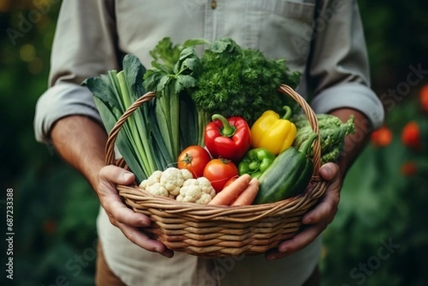 Fototapeta a farmer holding a basket full of healthy vegetables
